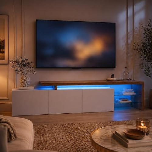 MGMYM TV-Schrank Lowboard 200 cm mit Beleuchtung, TV-Board, Fernsehtisch, Fernsehschrank mit 2 Glasböden und 3 Türen, Wohnzimmermöbel, Hochglanz weiß und Natur Holzmaserung, H-weiß-200x39x42cm