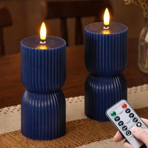 Wroxipel Velas LED sin llama Azul Marino con mando a distancia, pack de 2 velas de pilar acanaladas de cera real, efecto parpadeante mecha 3D, funciona con pilas, temporizador, 7cm x15cm