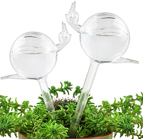 KiKiHeim Globos de riego automático para plantas, esferas de vidrio soplado transparente para riego interior y exterior, 2 caracoles