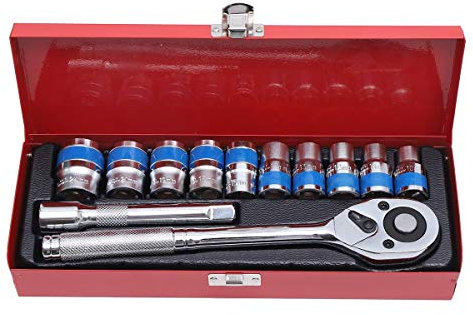 KATSU Juego de Llaves de Vaso de 1/2 12 Piezas 10-24mm en Caja de Acero, Accionamiento Métrico con Llave de Trinquete de Liberación Rápida de 24 Dientes y Barra de Extensión de 5 420346