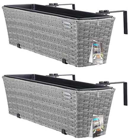 Casaria® 2x Fioriera Balcone 60cm 11L Rattan Supporto Esterno Interno Resistente agli Agenti Atmosferici e ai Raggi UV Rimovibile Ringhiera Vaso Portafiori Rettangolare Fiori Piante Grigio