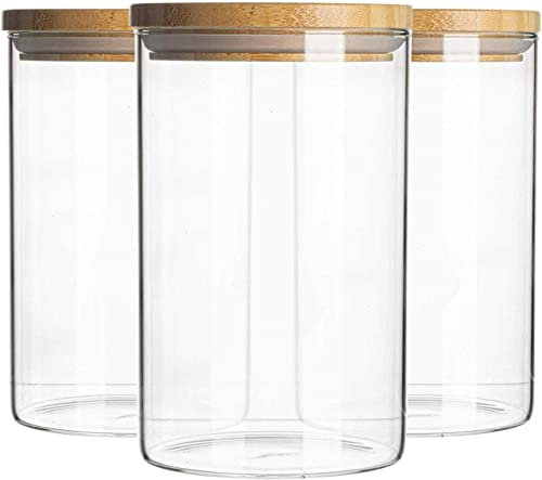 PRICE BEATER Set of 3 Glass Jars Containers, 900 ML Airtight Food Storage Jars with Bamboo Lid, 3 Piece Canister Set Storing Cereal, Pasta, Tea Coffee Sugar, Dishwasher Safe (900 ML - 3 PC)