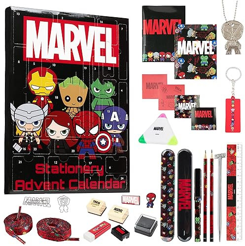 Marvel Spiderman Adventskalender 2025 Kinder Teenager mit Schule Zubehör Bleistifte Schlüsselanhänger Stempel Spielzeug Geschenk Idee (Marvel Schwarz)