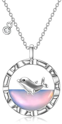 VONALA Collier dauphin en pierre de lune en argent sterling 925 - Pendentif pour femme - Cadeau hypoallergénique pour filles adolescentes - Cadeau de fête des mères, Argent sterling