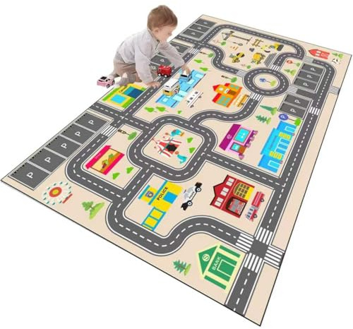 JCTQBHQF Kids Rug Play Mat for Toy Cars,City Life Road Traffic Educational Carpet,Have Fun Throw Rug,Non-Slip Nursery Rug for Boy and Girl Bedroom 80×120cm/31×47in