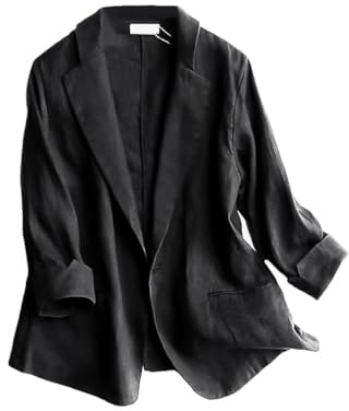 IDEALSANXUN Black Blazer Women Business Casual Cotton Linen 3/4 Sleeve Lightweight Jackets Fall Fashion 2026 Outfits Clothes, Black, XL