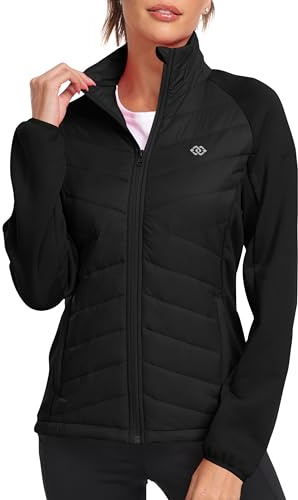 MoFiz Women's Insulated Running Jacket Lightweight Thermal Full Zip Hiking Hybrid Down Jacket Stretchy Windproof Coat for Outdoor Workouts Black M