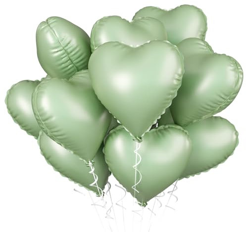 Herzluftballons Grün, 10 Stück Sage Grün Folienballon Herz, Grün Herzluftballons Helium Hochzeit 18 Zoll Herz Folienballon Deko Valentinstag für Hochzeit, Geburtstagsfeier, Dschungel Party Deko
