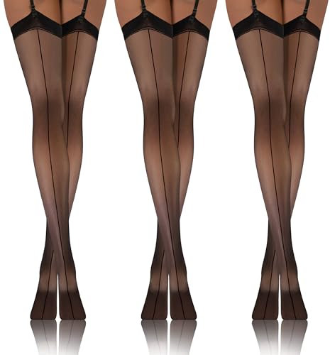 sesto senso 3 Pack Strapsstrümpfe mit Naht hinten muster 20 Den Strumpfhose mit Strumpfhalter Strapse Strümpfe zum Anstrapsen PDP_02 3/4 M-L Schwarz