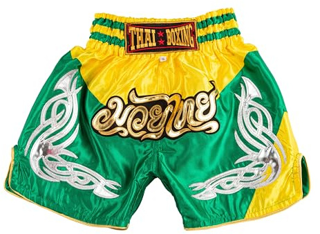 MUAY NATION Pantalones Cortos de Muay Thai para Niños (2 Años - 12 Años) Niñas Niños Pantalones de Boxeo para Kickboxing MMA Artes Marciales (FR/ES, Edad, 6 años, 8 años, Regular, PRM Amarillo/Verde)
