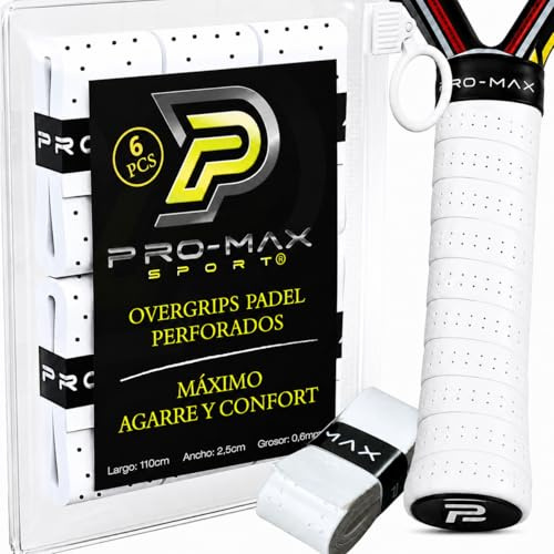 PRO-MAX SPORT Overgrips Padel Extra Adherente Perforados Blanco Pack 4/6/10/25/50 Alta Absorción Sudor Cinta Agarre Antideslizante Grip Padel Pro Sobregrip Raqueta Durabilidad Accesorios Padel (6)