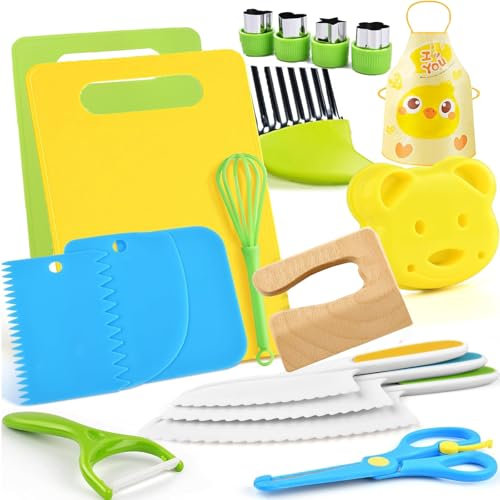 Kit Couteau de Cuisine de Sécurité pour Enfants - 19 Pièces pour Couper et Cuire des Fruits ou Légumes - à partir de 3 Ans, Cadeau d'Anniversaire Parfait