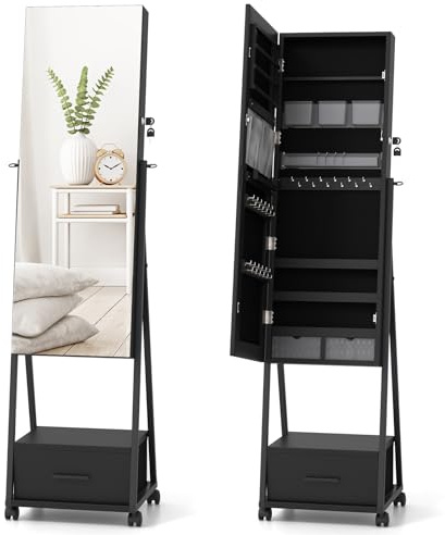 COSTWAY Armadio Portagioie da Terra con Ruote, Specchio Portagioie con Cassetti, Organizer per Gioielli per Camera da Letto, Soggiorno (Nero, 42 x 38 x 157 cm, Con Cassetto)