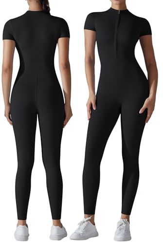 SEAUR Dam yoga jumpsuit bodycon bodycon kroppsdräkt sport sparkdräkt kortärmad bodycon leksuit fitness sportkläder gym yoga träning, Svart, XL