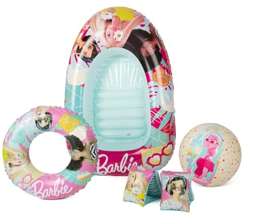 Barbie - Set da nuoto gonfiabile, braccioli, salvagente, palla da spiaggia e barca gonfiabile, portatile, per vacanze, piscina, spiaggia, festa estiva in piscina per bambini, 3+