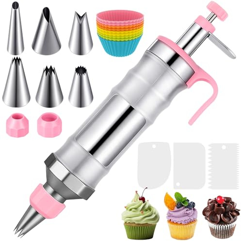 Dessert Decorating Syringe Set, Icing Piping Kit Stainless Steels Cake Decorating Tools with 6 Piping Tips & 9 Silicone Cupcakes & 3 Cream Scrapers, Cake Decorating Kit Frosting Piping Kit