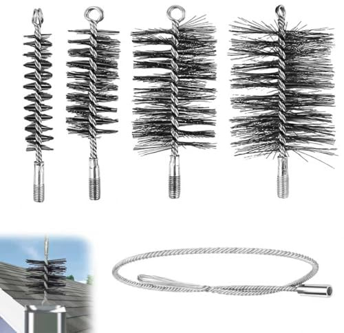 ANEELV Set di 4 spazzole per canna fumaria con spazzole da 30/50/80/150 mm, con filo di acciaio da 1 m e asta di spinta, scopa per camino, tubo della stufa e tubo di fumo