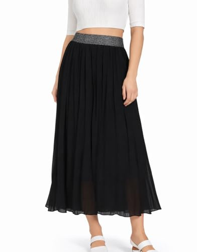 Miss Rouge Jupe plissée Femme midi Fluide Noire – Taille élastique Ceinture pailletée – Jupe élégante Confortable