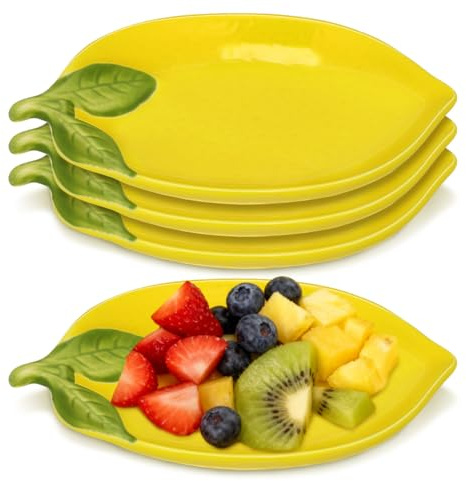 DOITOOL 4 platos de limón en forma de limón Plato de postre de cerámica Cuenco de servir ensalada estética