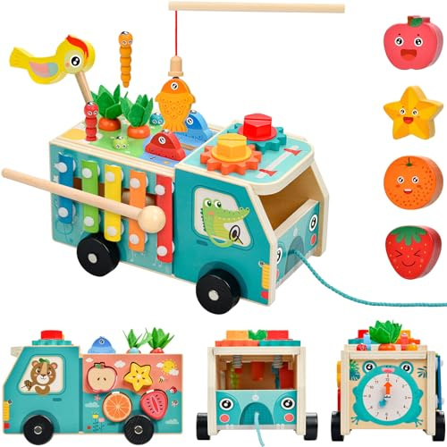 BLUESEABUY Cubo Motorio Giocattolo in Legno 5-in-1 Trattore con Pesca Gioco di Ingranaggi Xilofono Classificazione delle Forme Giocattolo Educativo Regalo per Bambini dai 1 ai 2 ai 3 Anni