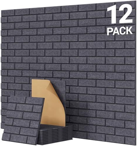 TONOR Set med 12 Akustikpaneler i Form av Tegelstenar, 30 x 30 x 0,9 cm Självhäftande Akustikskum, Dekorativa Väggpaneler för Vardagsrum, Sovrum och Kontor, Mörkgrå
