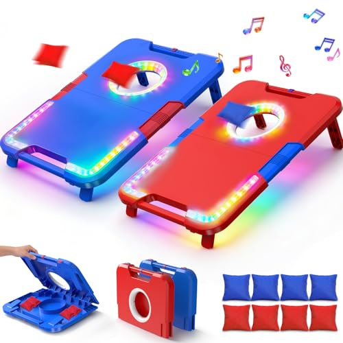 TERRAMUS Set de Tableros de Cornhole Illuminados con Efectos de Sonido,2 Tableros Plegables y 8 Bolsas de Frijoles,Juego de Lanzamiento Portátil para Exteriores,Juguetes para Fiestas,Regalo para Niños