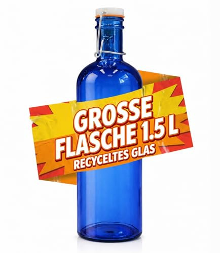 Viste-lo Botella Cristal Vidrio Reciclado Con Tapón Hermético Amarre Metálico Ecológica Resistente Para Agua Zumo Bebidas Frías Uso Diario Lavavajillas Oficina Hogar Cocina Exterior (AZUL)