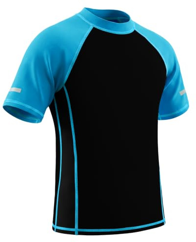 Hoseay Pojkar Flickor Bad T-shirt, Solskydd Badtopp Kortärmad med Reflekterande Ränder, Elastisk Andningsaktiv Rash Guard Tröja Surfpool för Barn 7–15 år