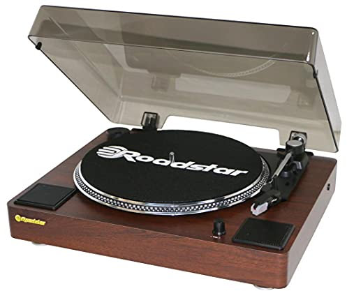 Roadstar TT-260SPK Platine Vinyle, 3 Vitesses 33/45/78 RPM, Haut-Parleurs Intégrés, Sortie Audio RCA, Entrée Auxiliaire, Arrêt Automatique, Vintage, Bois