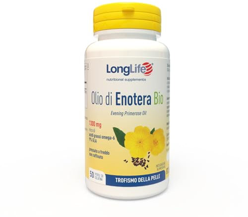 LongLife® Olio di Enotera Bio 1300mg | Omega-6 | Titolato al 9% in acido gamma-linolenico (GLA) | BIO | Salute della pelle e delle articolazioni | Ciclo mestruale | Oltre un mese di trattamento