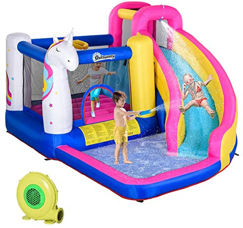 Outsunny Castello Gonfiabile per Bambini con Scivolo, Piscina e Canestro da Basket, Gioco Gonfiabile Gigante e Rimbalzante per 3 Bambini, 360x305x210 cm
