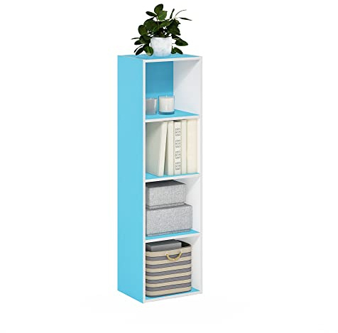 Furinno PASIR Book Shelf, 4-Tier Modern Bookshelf, Open Shelves Bookcase 9 x 12 x 42, for Living Room, Bedroom, Home Office, Light Blue/White