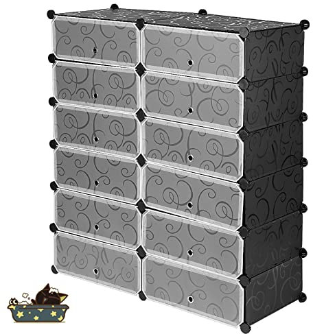 DIY Regalsystem Kleiderschrank aus Kunststoff Steckregal Kleiderschrank Garderobenschrank Schuhregal Kunststoffboxen, 12 Boxen mit Tür und Schuhschrank(6 Stockwerke und 12 Türen)