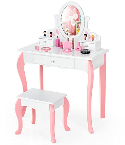 GYMAX Kids Dressing Table Set, Wooden Children Vanity Table with Stool, 360° Rotating Mirror and 3 Drawers, 2 in 1 Girls Makeup Desk Set for Bedroom (White)