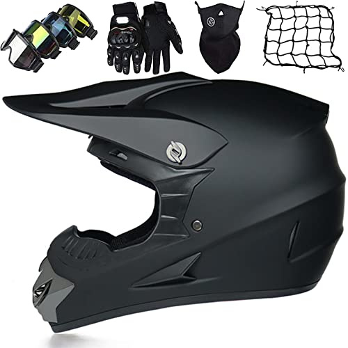 Casco Cross Nero Opaco, Casco Integrale Motocross per Adulti e Bambini, Casco da Downhill Fuoristrada con Occhiali Guanti Face Mask Rete Del Casco, Include 4 Misure di Rivestimento del Casco