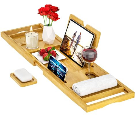 Premium Bamboo Bath Tray – Expandable Bath Caddy Tray- Adjustable Bathtub Tray Caddy,Fits Most Bathtub Sizes