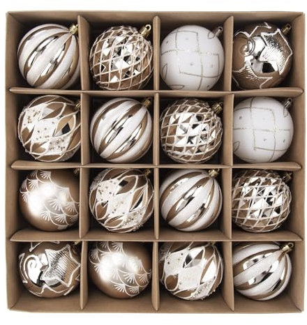 SVNVIOZ 16 Stück 8cm Weihnachtskugeln Champagner, Christbaumkugeln Kunststoff Deko Weihnachten, Bruchsicher Weihnachtsbaumschmuck mit Aufhänger, Weihnachtsbaumkugeln für Weihnachtsdeko Innen Aussen