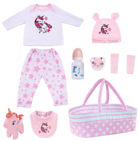 BABESIDE 8Pcs Reborn Baby Dolls Clothes 20 Inches Girl Outfits Accessories for 17-22 Inches Baby Dolls with Bassinet, Feeding Bottle and Dummy, Cute Realistic Baby Doll Clothing Set (Pink)
