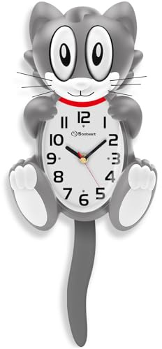 Soobest 18 Inch Large 3D Cat Wall Clock Battery Operated with Moving Eyes and Pendulum Tail, Retro Kids Analog Wall Clock for Gift Decor Gray