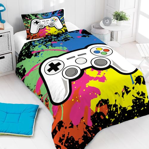 Yasida Gaming Bedding Single Quilt Cover Gamer Bedding Kids Single Bedding Sets With Colourful For Teenage Boy Soft And Colourful Microfibre Duvet Cover 135x200cm And Pillowcase 50x75cm Gaming Bedroom