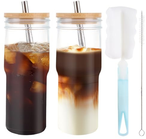ASelected 2 Pcs Glass Tumbler, 24 Oz, Glass Cups with Lids and Straws, Reusable, 700ml, Ideal for Home, Travel, Gift
