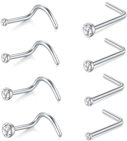 AceFun Nose Studs - 8 Pieces 22G L-Shaped Stainless Steel Diamond Nose Rings for Women Men - Corkscrew Screw Clear CZ Silver Piercing Jewelry