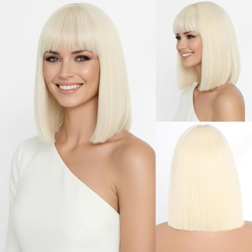 SIMKAYLEE kort blond slät peruk med lugg damer kort blond rak bob peruker för kvinnor peruker axellång för karneval party halloween cosplay jul robotar utomjordingar (30 cm)