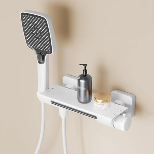 UNFRASLOP Badewanne Armatur Badewannenarmatur Mit Thermostat Wasserfall Mit Temperaturanzeige Duscharmatur Wandmontage A Armatur Badewanne Mischbatterie Wannenarmatur,Weiß