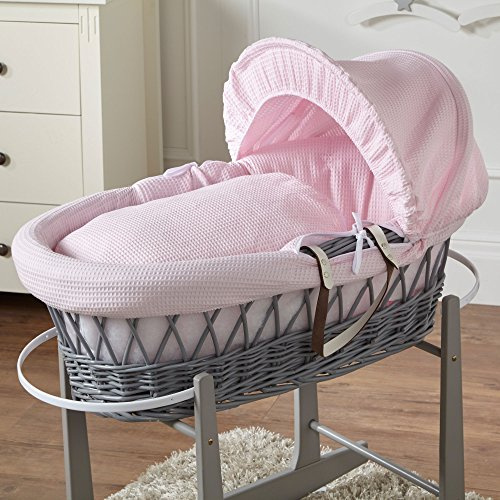 For Your Little One Baby Moses Basket Pink Waffle Grey Wicker