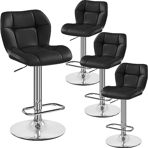 Yaheetech Bar Stools, PU Leather Breakfast Bar Chairs, Swivel Height Adjustable Barstools, Counter Stools with Backrest for Home Kitchen, Restaurant, Black, 4PCS