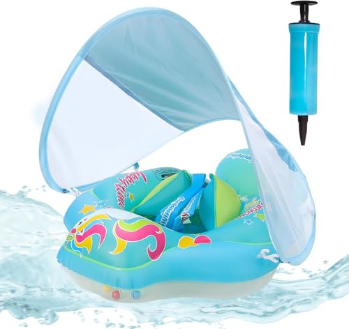 ACTOYS Bouee Bebe, Baby Float Bouée pour Bébé, Bouee Enfant, Bouee Pisicne Bebe, Bouee Bebe avec Pare Soleil, Bouée pour Enfant, Bouée de Natation Gonflable (Cheval Bleu, L : 12-36 Mois)