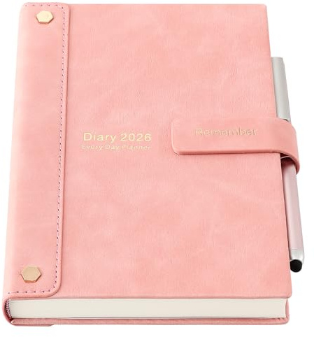 Mljtoyo Diary 2026,2026 Diary A5 Page a Day,Jan-Dec 2026,Hardcover Organiser Full Year Diaries,Month Weekly Planner with Pen,Stickers,Inner Pocket,3Bookmarks,Pink