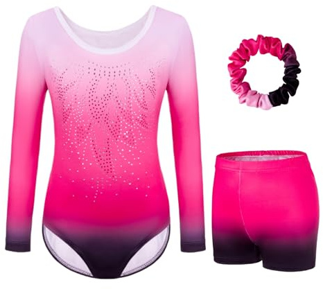 JoyBound Girls' Gymnastics Leotards LongSleeves Set -Three-Piece for Long Sleeves Leotard, Shorts & Hairband Gradient Color Ballet Unitard Outfit for Ages 5-12 Dancers (PINK-1, Tag 8A(7-8 Years))