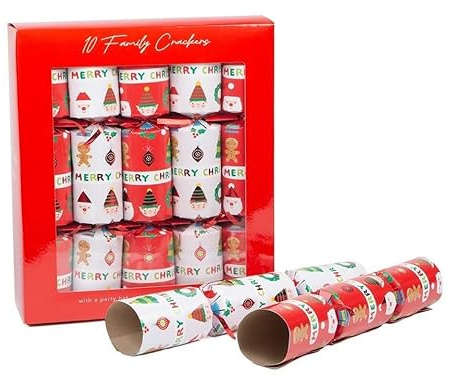 Quickdraw Supplies Christmas Crackers 10 Pack 12 inch (30 cm) – Family Party Table Festive Crackers with Jokes Paper Hats Snap & Plastic Strong Card with Bows – Eco Friendly 100% Recyclable Packaging